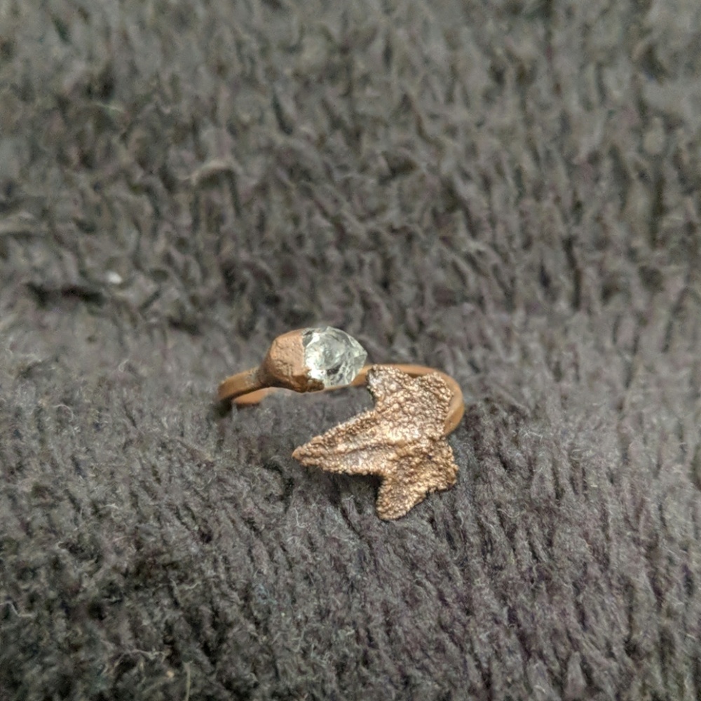 Druid! Herkimer diamond, copper, cast leaf ring